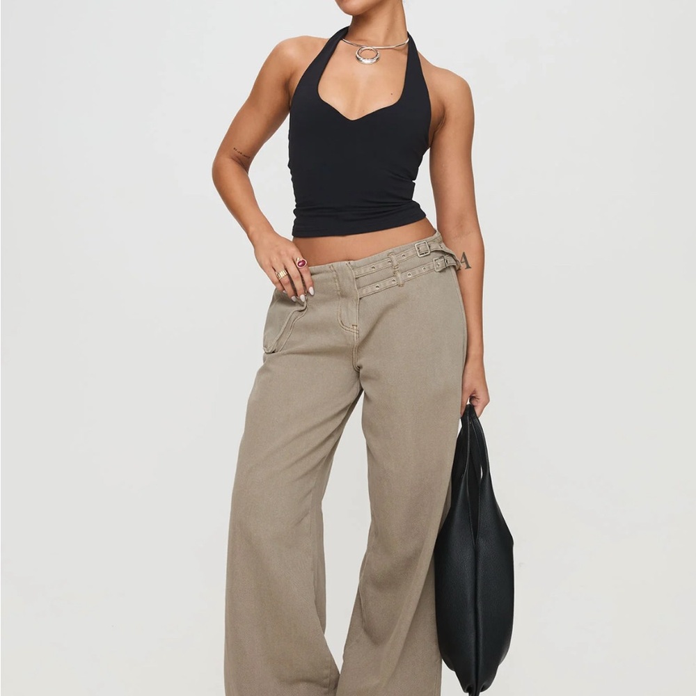 Princess Polly Paltrow Mid Rise Wide Leg Cargo Jeans Washed Brown Petite